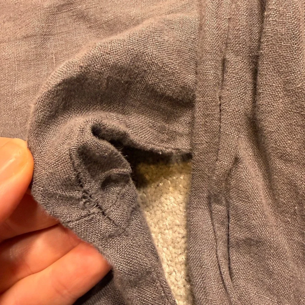 FLAX Linen Button Down Shirt Ruffle Collar Charcoal Gray Oversized L Lagenlook - Picture 8 of 11